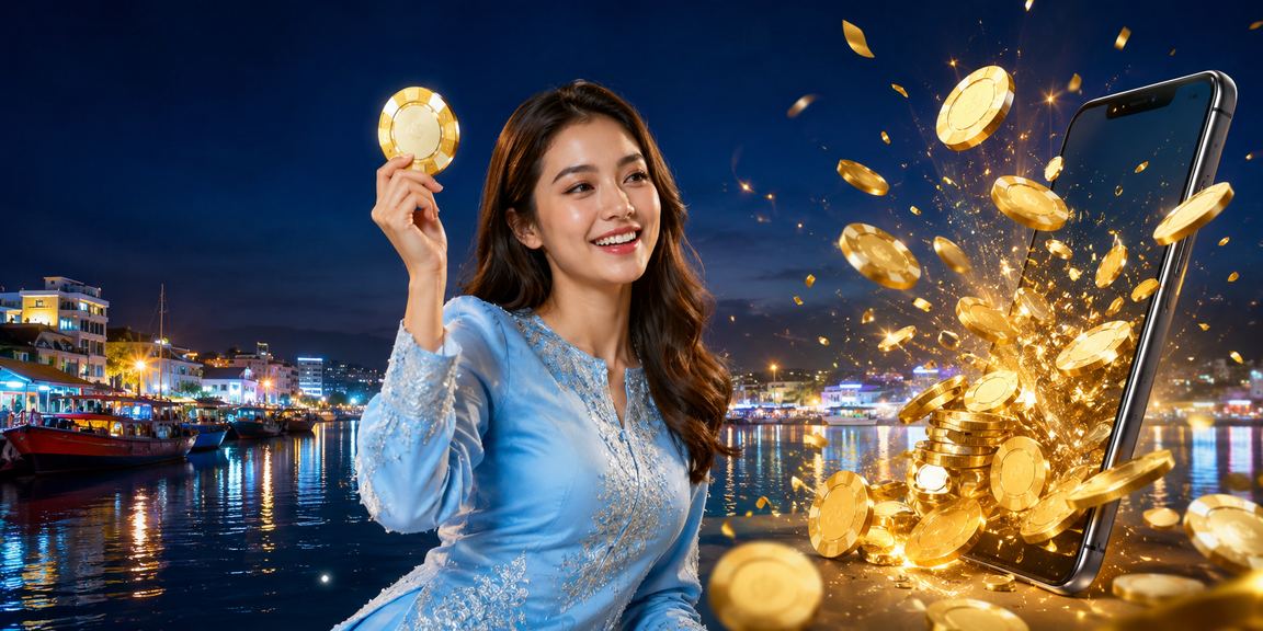 Pengguna Malaysia berpakaian baju kurung mengakses permainan slot cyl88 dari telefon pintar